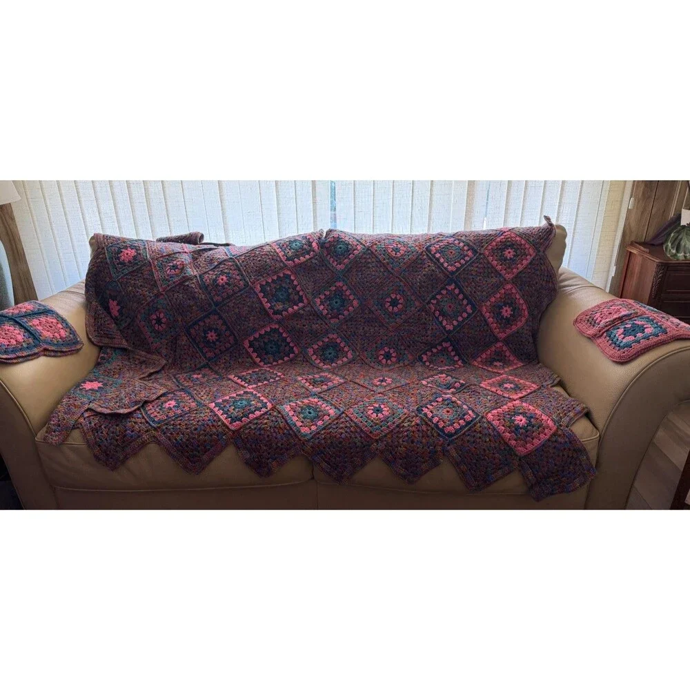 Handmade Crocheted Afghan with Pillow Covers Variegated Colors